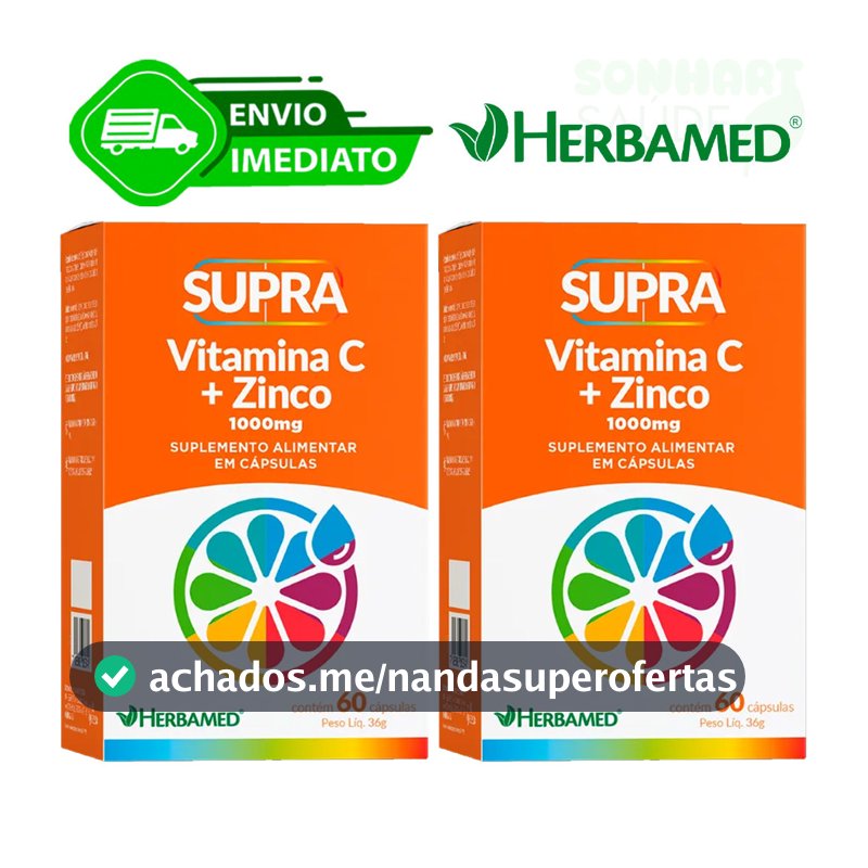 Kit Com 2 Vitamina C+Zinco 1000mg 1g Imunidade Supra Herbamed 60Caps Sem Glúten