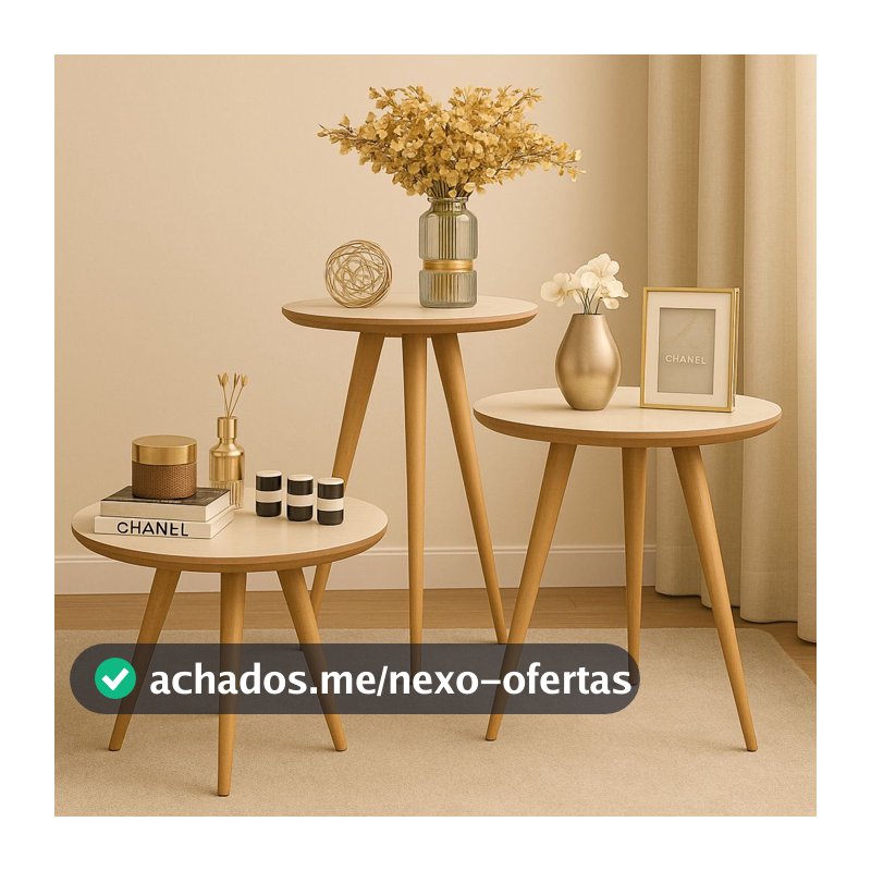 Conjunto Tres Mesinhas de Centro Pés Madeira Canto Sala Quarto Sofa