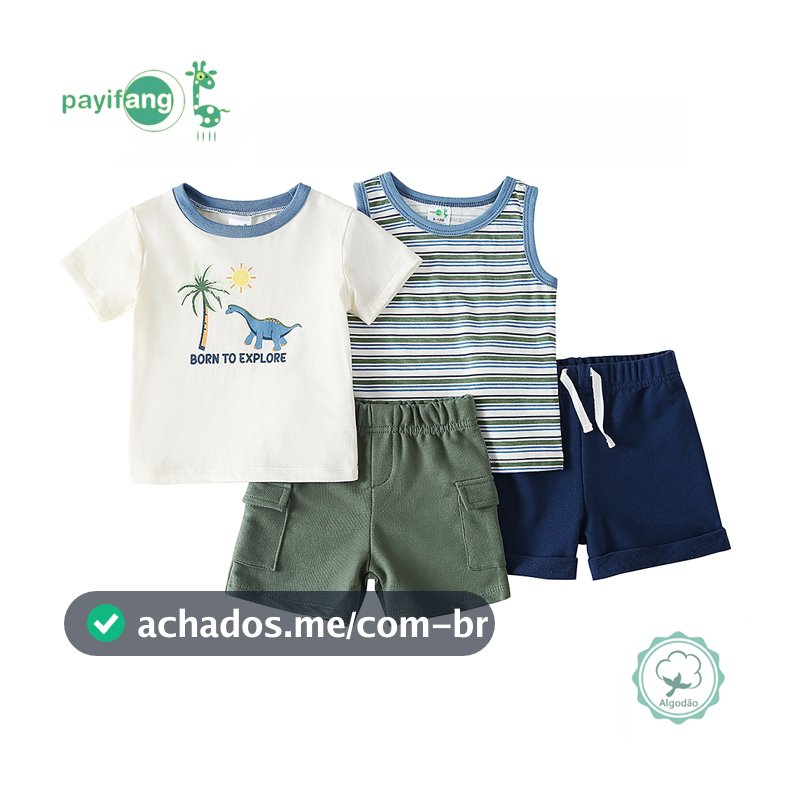 Kit 4 Peças Conjunto Verão Bebê Menino 60% Algodão 40% Poliéster Camiseta Dinossauro + Regata Listrada + Dois Shorts