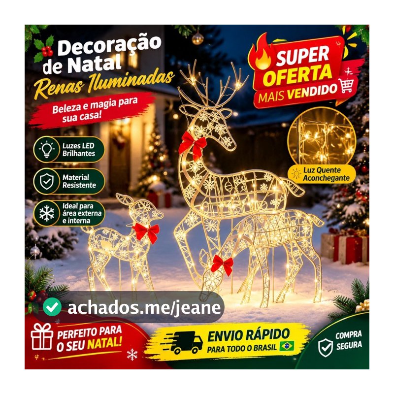 🔥🔥Kit 3 Renas de Natal em Ferro Artesanal com Luz LED Decoração Brilhante para Jardim e Casa
