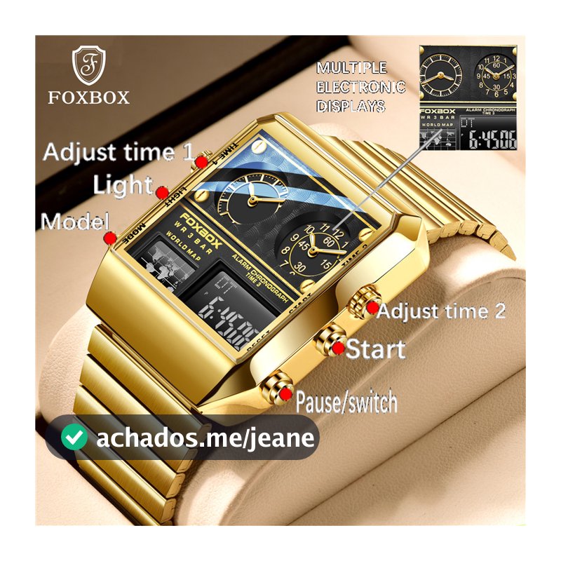 Foxbox Relógio digital masculino Marca Masculino Ouro Inoxidável Relógio À Prova D 'Água Relógio Masculino Dual Display