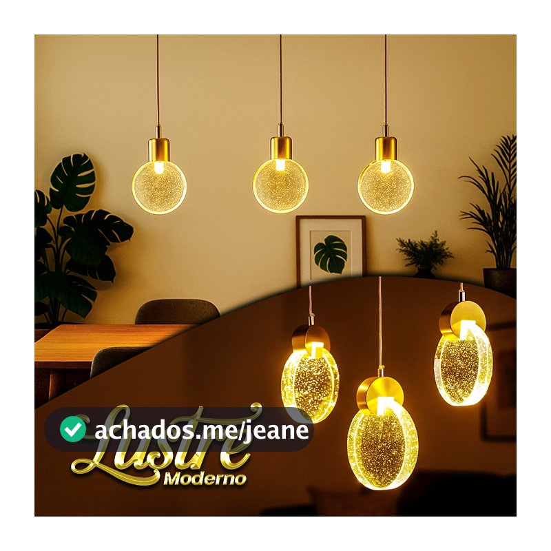 Lustre Cristal Pendente Luminária C/Bolha Redondo Dourado LED 3 Cores Bivolt Moderno Decoração