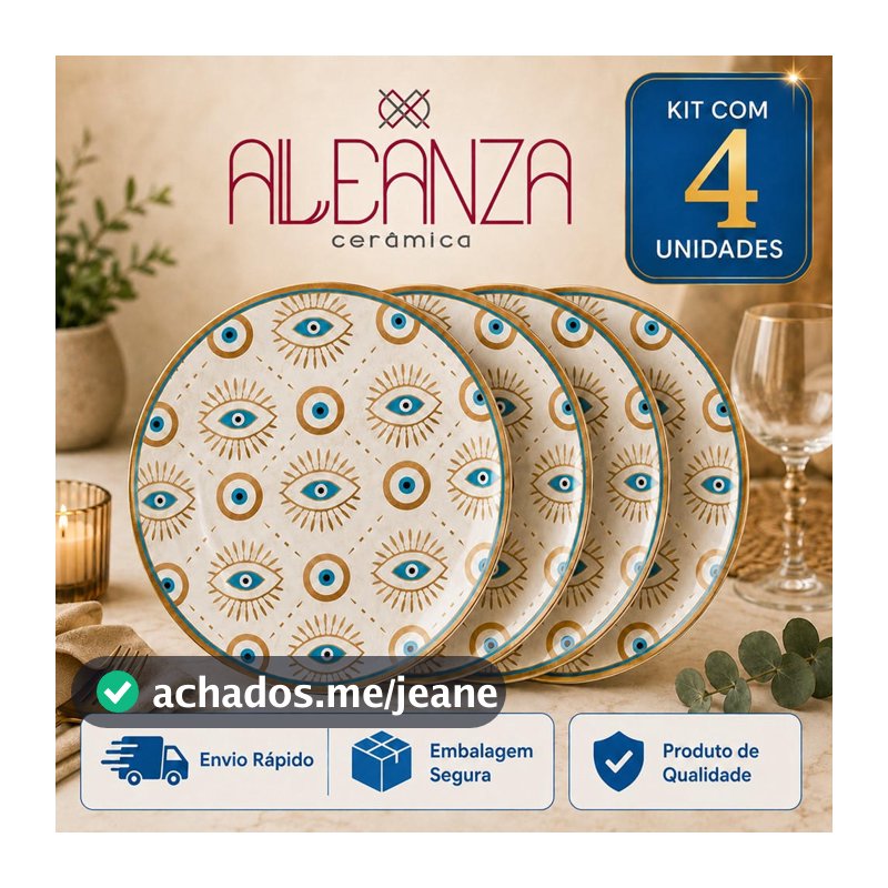 Jogo 4 Prato Raso Olho Grego Cerâmica Alleanza 30cm Mesa Posta