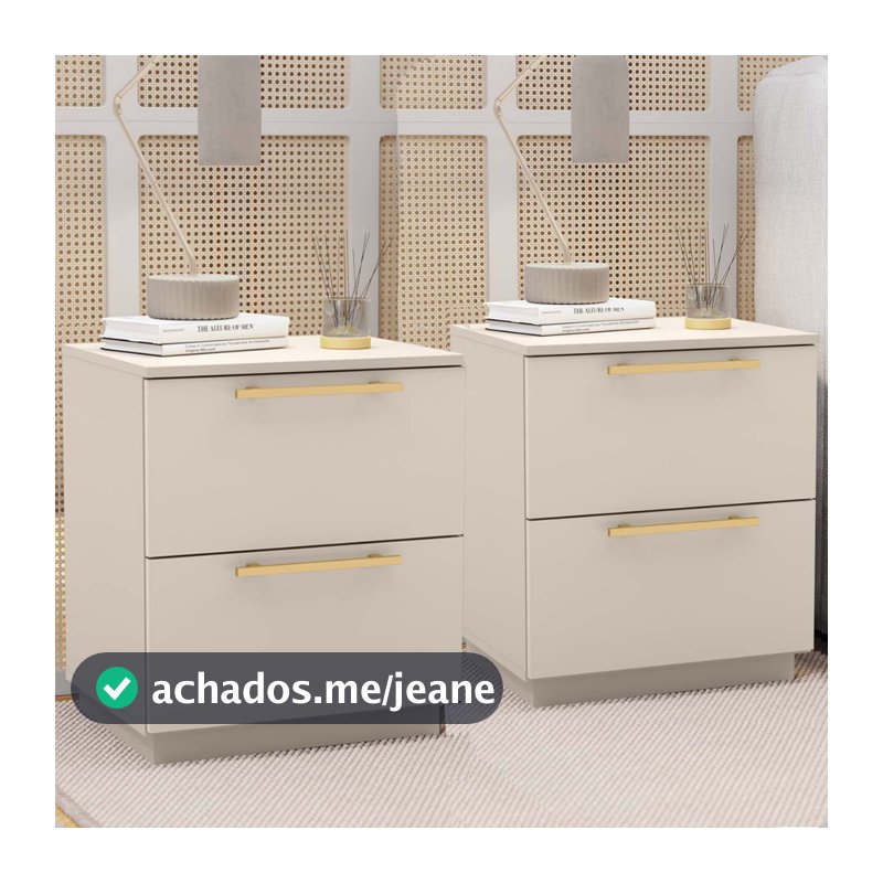 Mesa de Cabeceira Espaçosa Dubai 50cm 2 Gavetas Criado Para Quarto Moderno Off-White Cinza Luxo