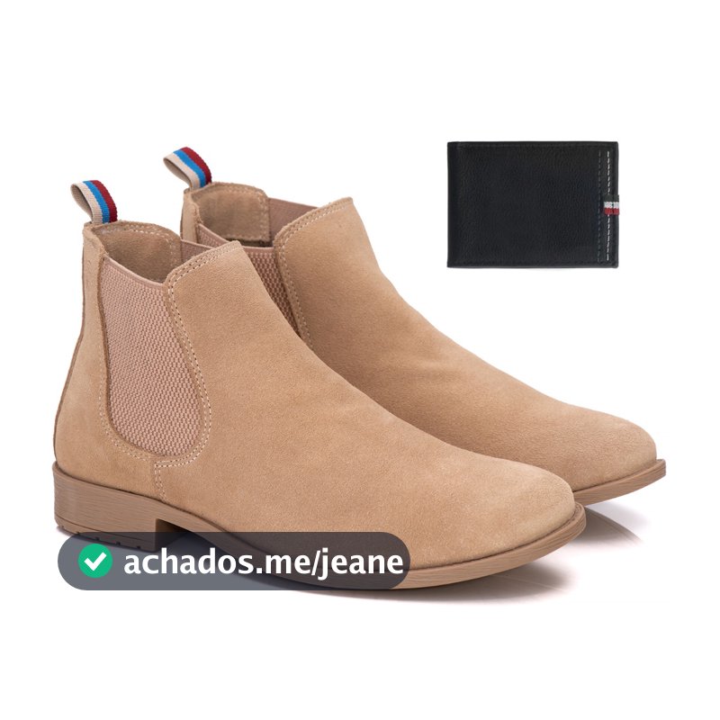Botina Chelsea Areia Casual Masculina Bege Couro Camurça Costurada Alta Qualidade + Carteira