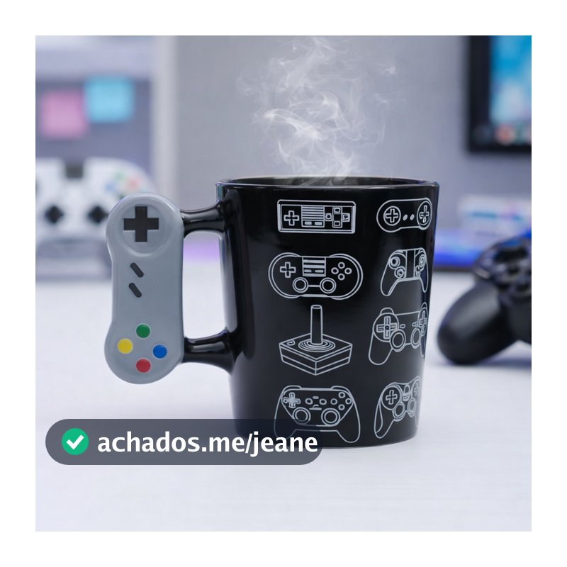 Caneca Gamer Geek Preta Joystick 3D 8 Controles Porcelana 350ml