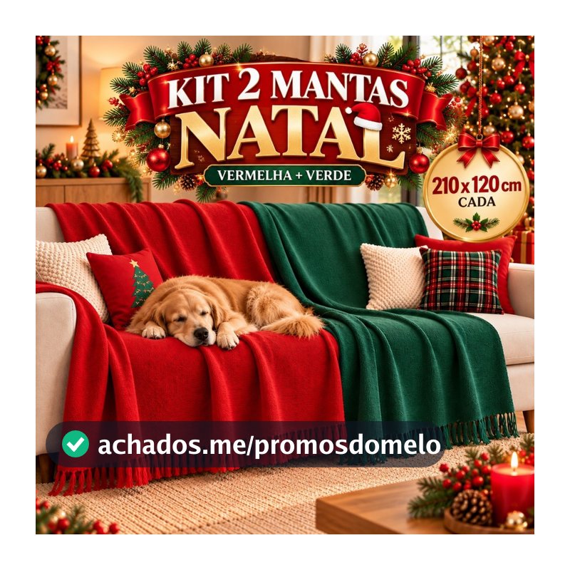 Manta de Natal 210x120 cm Gigante para Sofá e Cama Verde Vermelha Decorativa em Algodão Promocao Natalina