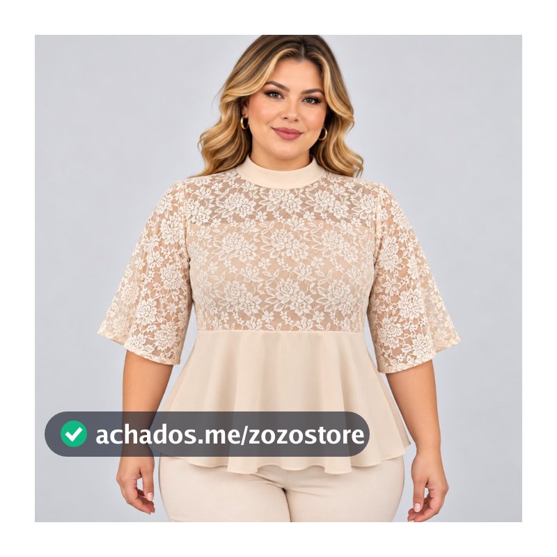 Blusa Feminina Plus Size Class Peplum em Crepe com Renda Gola Alta Manga 3/4