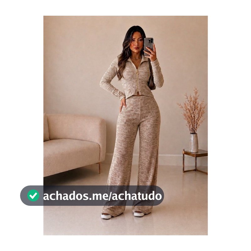 Conjunto Feminino Rib Canelado Calça Pantalona e Blusa com Zíper Moda Inverno