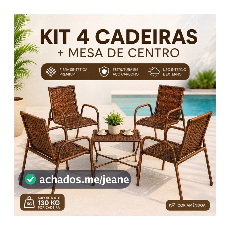 Kit 4 Cadeiras Junco + Mesinha Sintético para Jardim Piscina Área Externa Sacada Varanda Gourmet