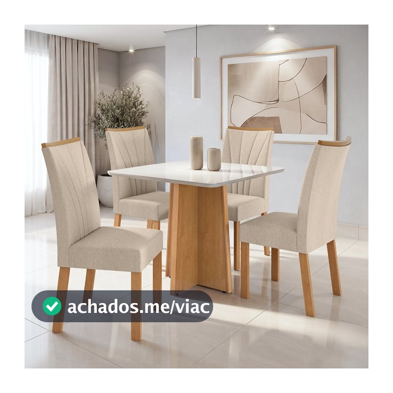Conjunto Sala de Jantar Mesa Celebrare.90x90 Tampo Vidro/MDF com 4 Cad.Apogeu Linho Amendoa/off