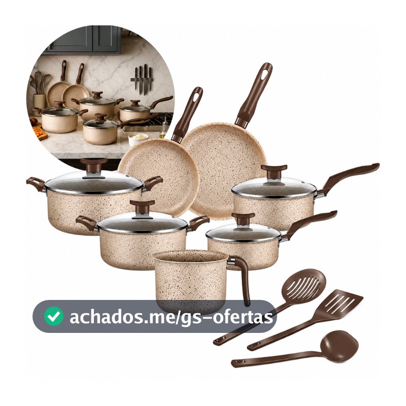 Jogo De Panelas 10 Peças Antiaderente Conjunto Frigideira Fervedor tampa de vidro Cor Coffee Cappuccino Kit Talheres