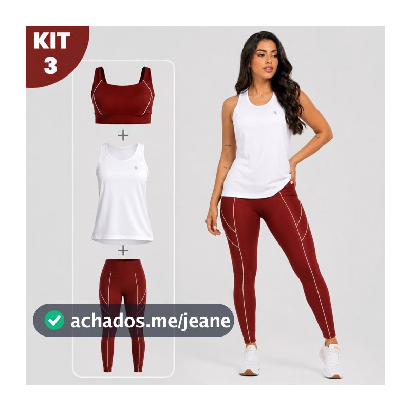 Kit Fitness Feminino 3 Peças Top + Regata Dry Fit + Calça Legging Cintura Alta Academia