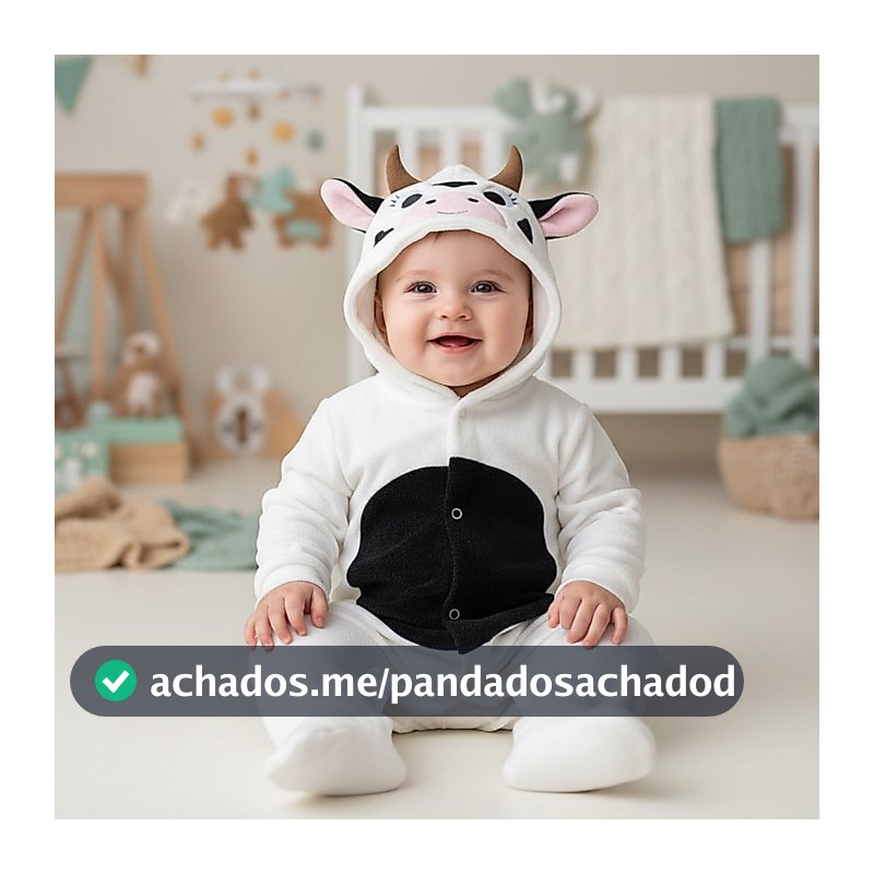 Macacão Bebê Recém-Nascido Plush Capuz Bordado Vaquinha Inverno Quentinho Algodão Creme 0-12 Meses