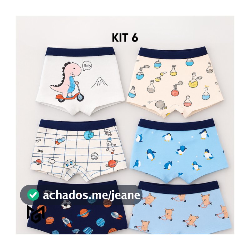 KIT 2, 4 ou 6 Cuecas Infantis Boxer 100% Algodão Toque Macio, Conforto e Estampas Divertidas