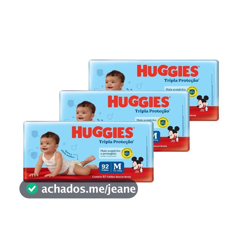 Fralda Descartável Huggies Tripla Proteção Hiper Média - 3 Pacotes com 92 Fraldas - Total de 276 Tiras