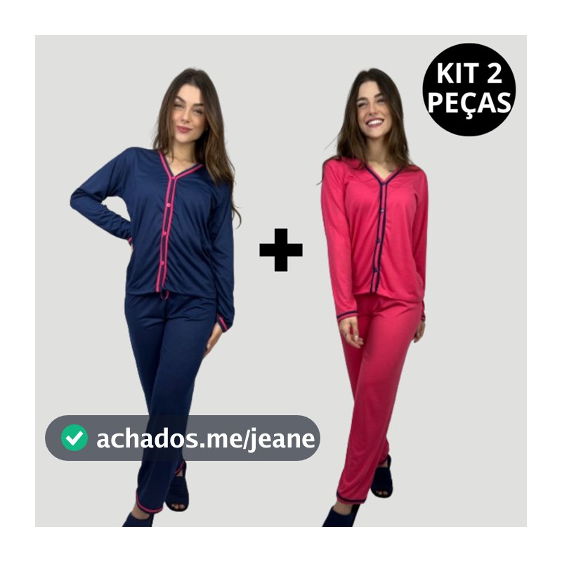 Kit 2 Peças Pijama Longo Inverno Blogueira Malha Botão Amamentação Cirurgico