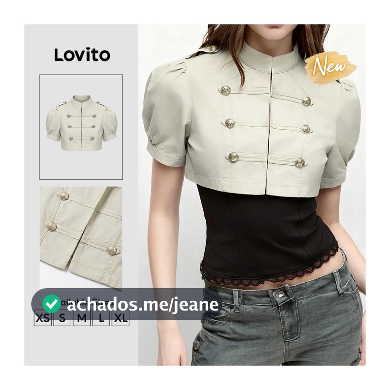 (New Arrival) Lovito Blusa Cáqui Casual Feminina De Cor Lisa Com Manga Curta Gola Alta E Botões Para a Primavera O Verão E O Fim De Semana BLK11P1D202