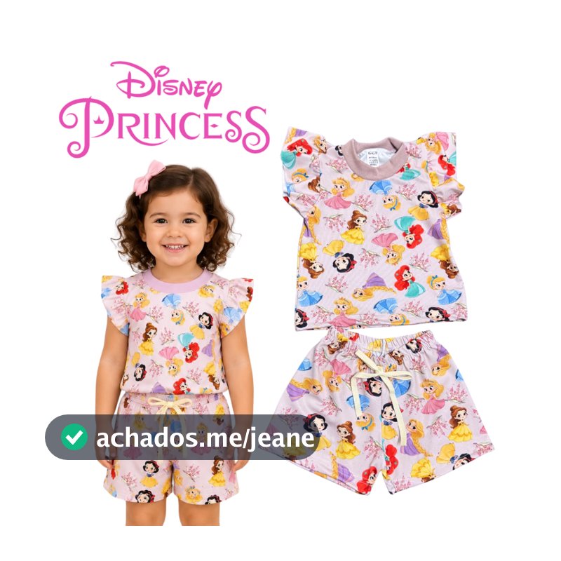 Conjunto Princesa Menina Blusa e Short Estampado Infantil Manga Babado Verão 1 a 5 Anos