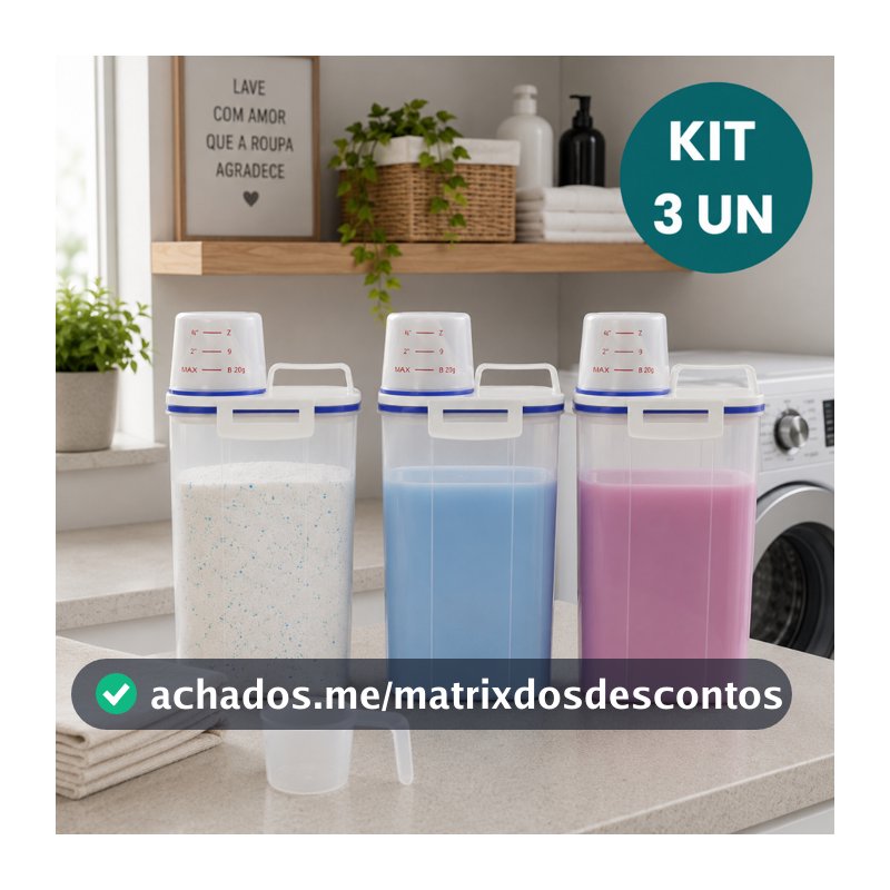 Kit 3 Potes Herméticos 2L Lavanderia Copo Medidor Bico Dosador Porta Sabão em Pó Amaciante Anti Vazamento