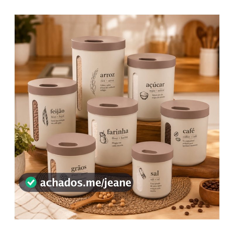 Porta Condimentos 7 Peças Rosco Plástico Premium Arroz Feijão Farinha Açucar Conjunto Mantimentos