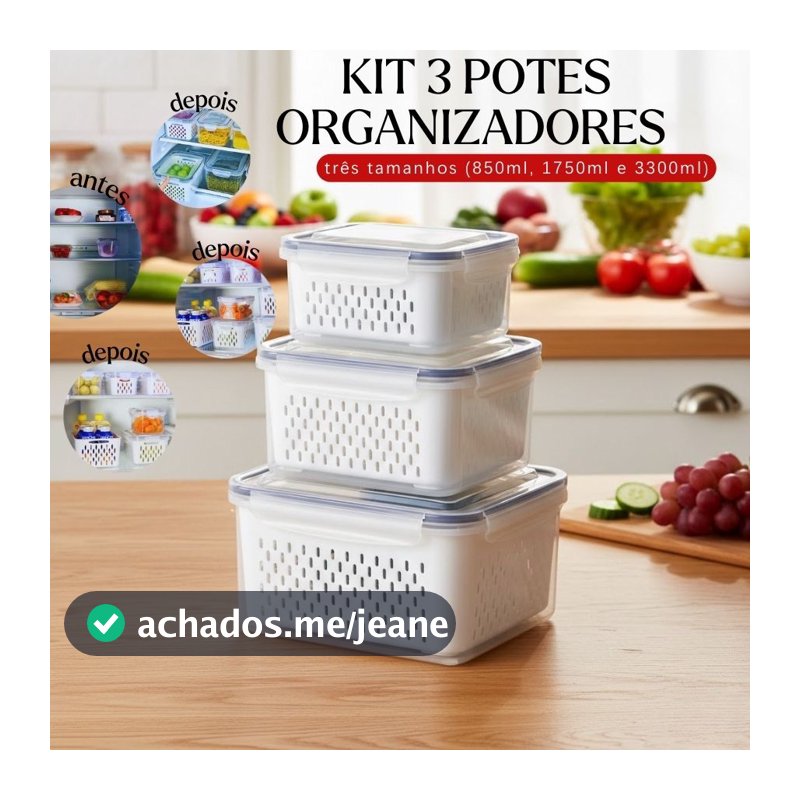 Kit 3 potes Organizadores para Geladeira Organizador de Alimentos Vegetais Cozinha Moderna