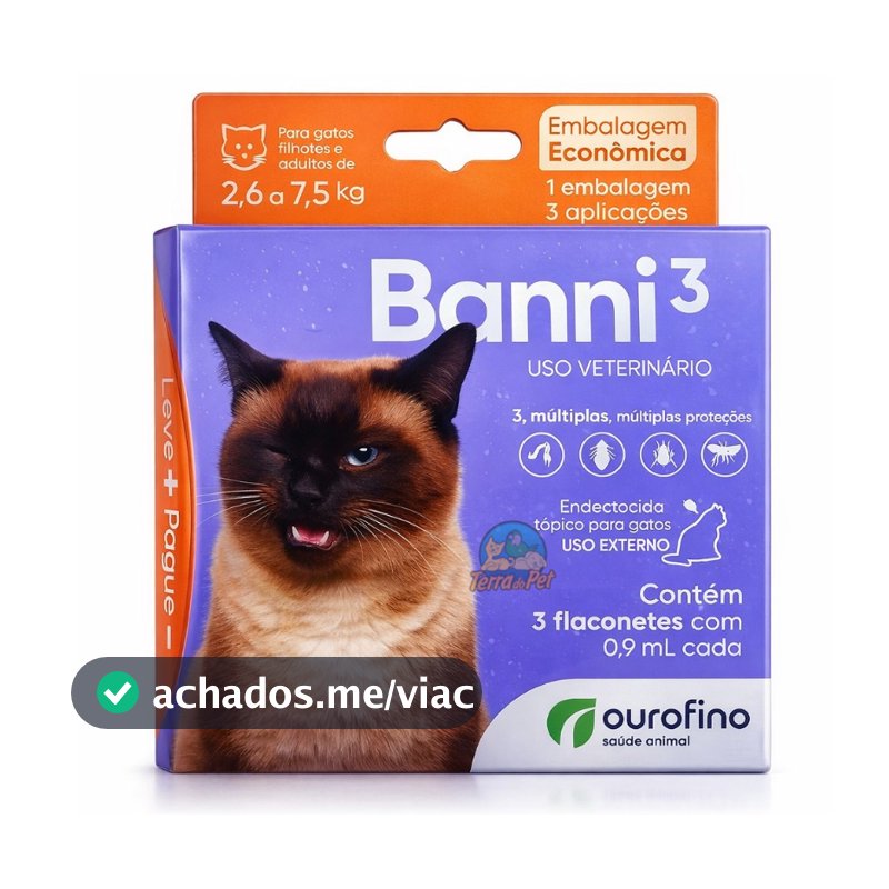 Kit com 3 Antipulgas Sarna Vermifugo Gatos Banni 3 Ourofino 2,6 A 7,5kg