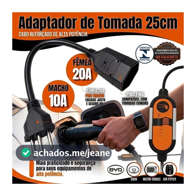 Adaptador de Tomada 20A para 10A 25cm Bivolt Para Carros Elétricos BYD GWM Airfryer Micro-ondas e Fornos Elétricos