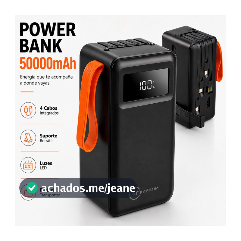 Power Bank 50000mAh 22.5W Turbo Carregamento Rápido com Cabos Integrados 4 em 1 e Lanterna LED