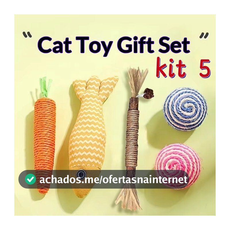 Kit 5 Brinquedos para gatos e Bastão Mastigável Mordedor Natural para Gato – Limpeza de Dentes e Diversão