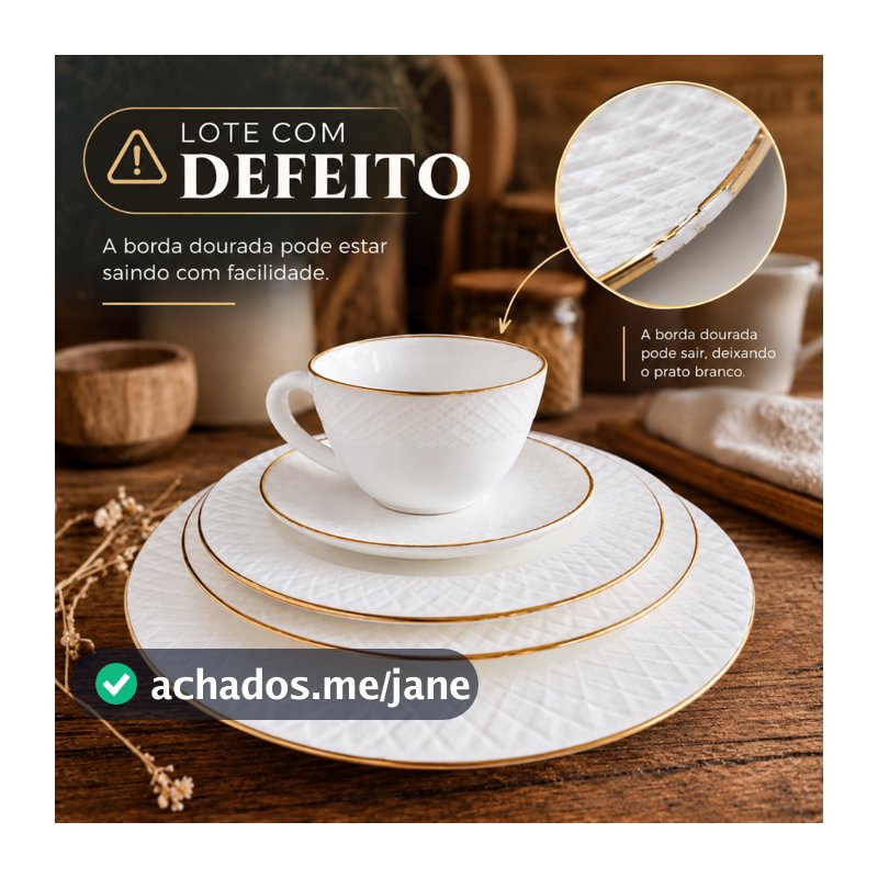 Aparelho de Jantar Pratos Canecas Opaline Texturizado Borda Dourada 20pcs - Divine