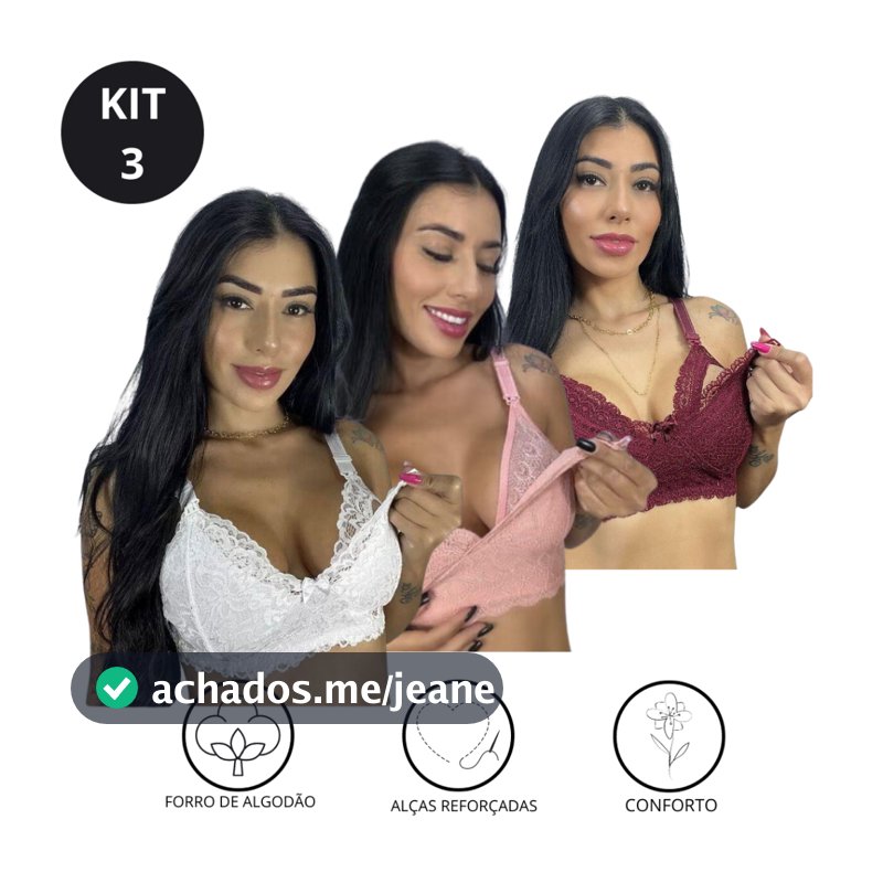 KIT C/ 3 Sutiã de Amamentação Reforçado em Renda com Regulagem Gestação Pós Parto