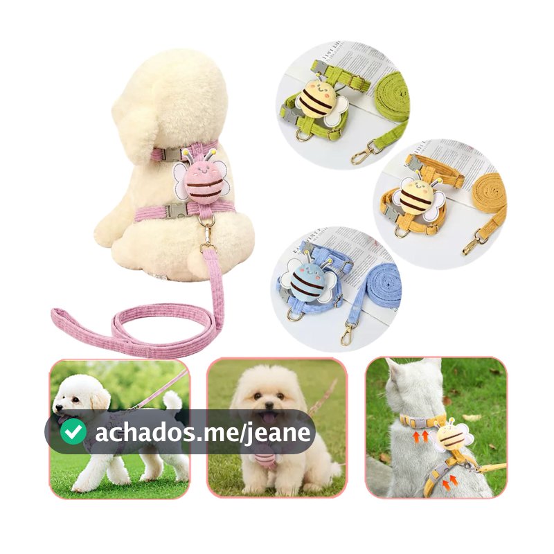 Peitoral Com Guia Para Gatos E Cachorros Coleira Abelhinha Veludo Cotelê Ajustável Anti Fuga