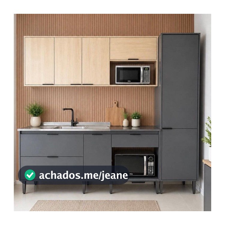 Cozinha Completa Modulada com Balcão,  Aéreo, Paneleiro e Espaço Forno e Cooktop Cinza Yescasa