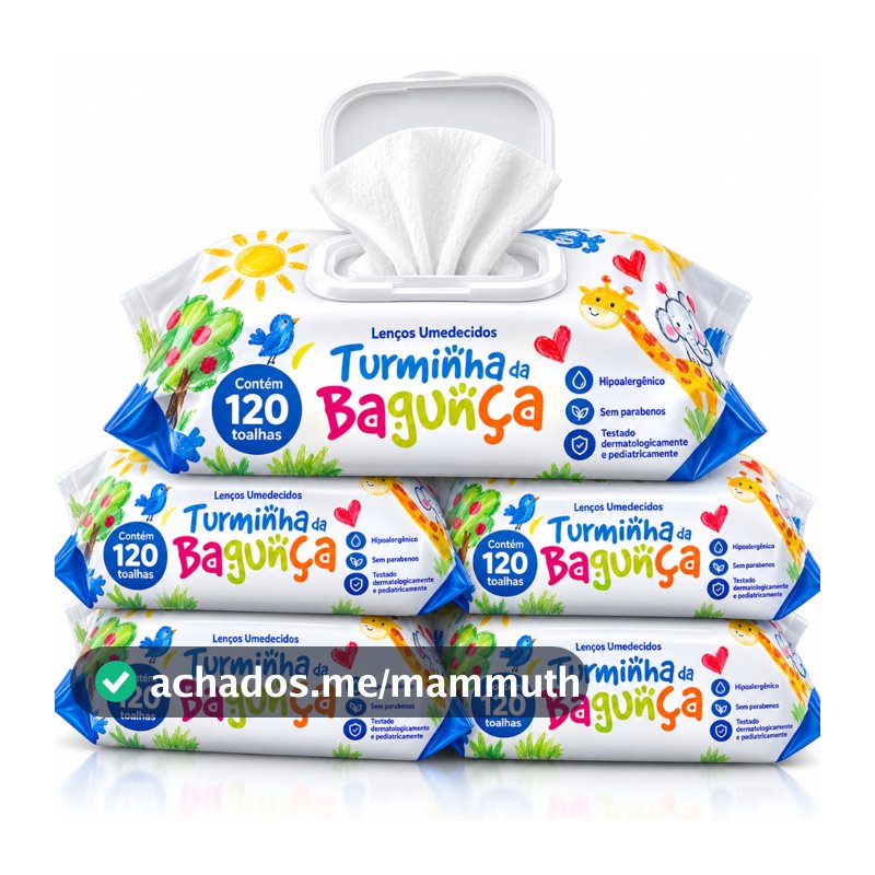 Kit 5 Toalhas Umedecidas Turminha da Bagunça 120 Folhas com Tampa Lenço Umedecido