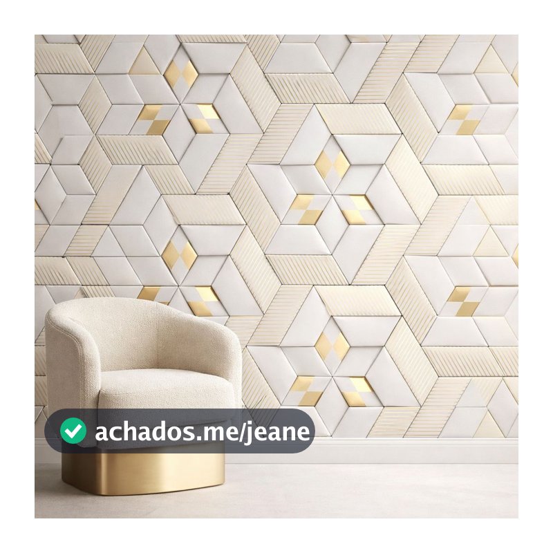 PAPEL DE PAREDE ADESIVO GEOMETRICO 97 FUNDO BRANCO E DOURADO 3D LAVAVEL P/SALA QUARTO 50 CM DE LARG.