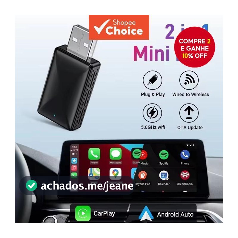 Mini Adaptador CarPlay Sem Fio Para iPhone 2025 , Conversor Universal Estável 2 Em 1 Com