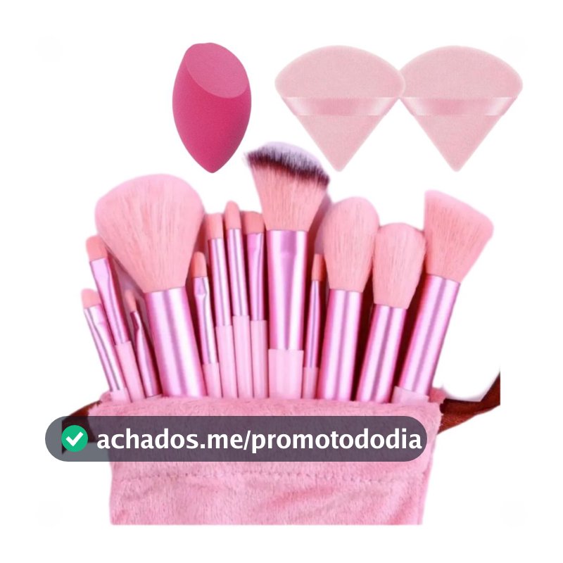 Kit 13 Pinceis de Maquiagem Dia a Dia Bolsa, 2 esponjas para aplicação de pó e 1 esponja de maquiagem para base