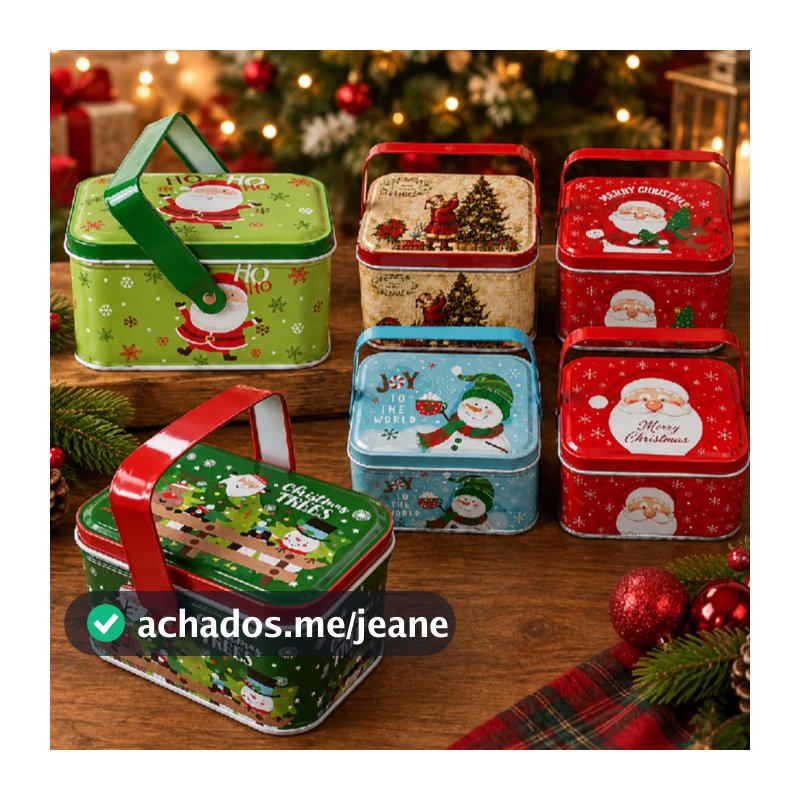 Kit Lata de Metal Retangular com Alça de Natal - Porta Doces e Lembrancinha - 6x10,5x8cm - Rizzo