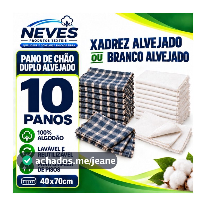 Kit c/ 10 Panos de Chão Grande 70x40cm - Saco Duplo Xadrez Azul Alvejado ou Branco Alvejado - Neves