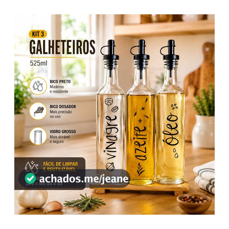 Kit 3 Galheteiros de Vidro Grande 525ml com Bico Dosador para Azeite Óleo Vinagre para Cozinha