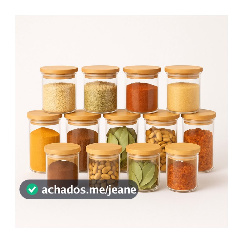 Kit Potes de Vidro Herméticos 250ml Tampa Bambu Porta Temperos Mantimentos Grãos Multiuso
