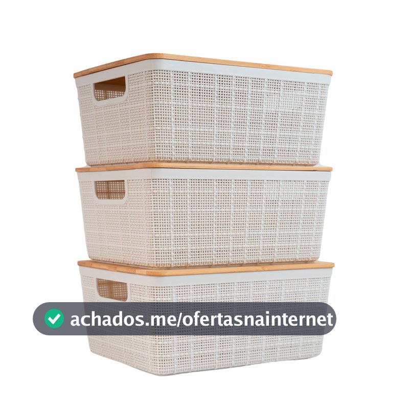 Kit 3 Caixas Organizadoras 4 Litros Brancas C/ Tampa Bambu Oikos
