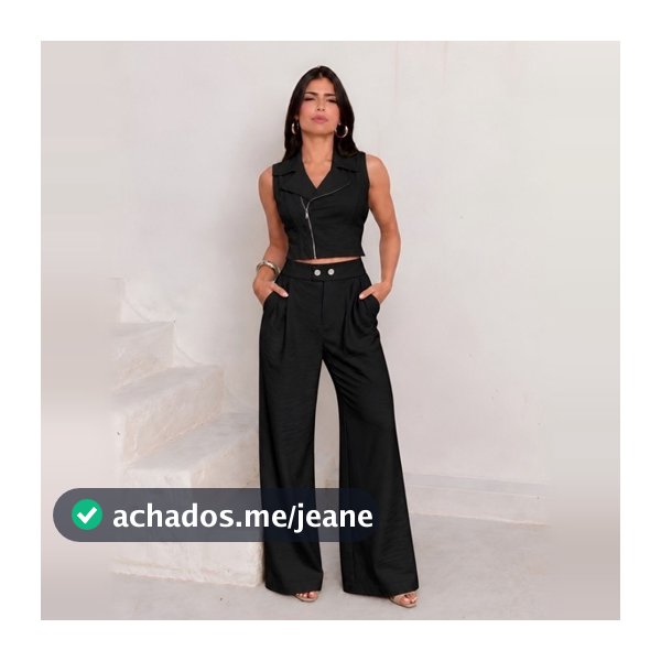 Conjunto Feminino Colete Cropped Zíper Diagonal e Calça Pantalona Cintura Alta Alfaiataria