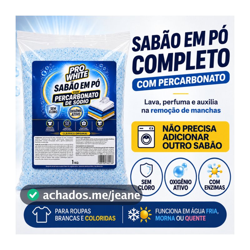 Sabão em Pó Com Percarbonato de Sódio Lava Roupas Brancas Coloridas 1KG