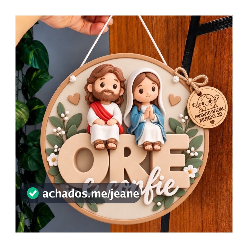 Guirlanda Plaquinha Decorativa MDF Mini Jesus Maria Efeito 3D Ore Confie Decoração Natal Enfeite Porta Natalina Pendurar
