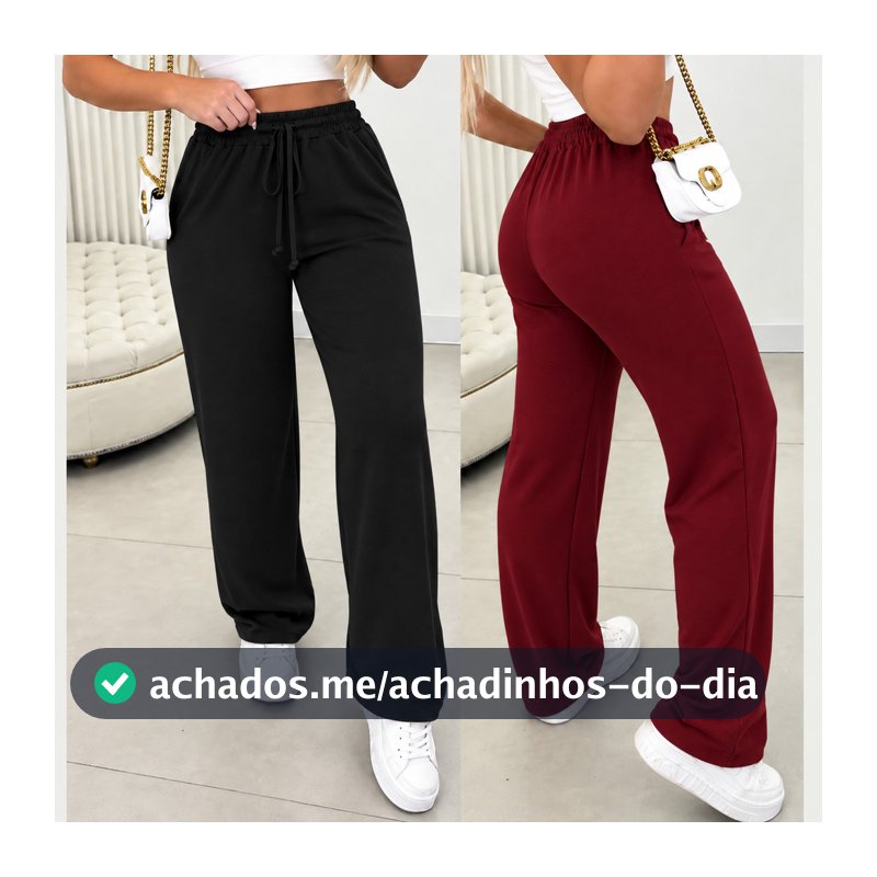 KIT 2 Calças Pantalona Feminina Wide Leg Duna Cintura Alta com Elástico Cordão Ajustável Soltinha Confortável Tendência