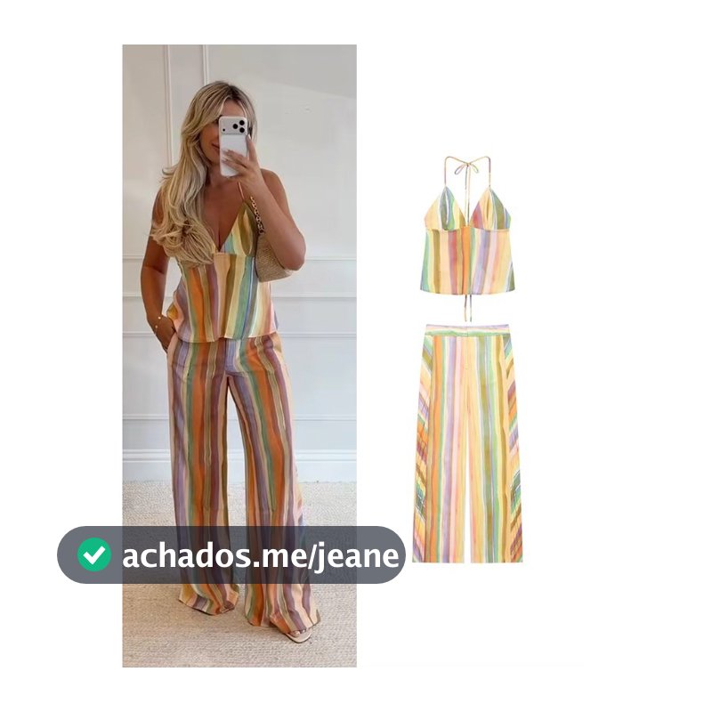 Conjunto Elegante De Blusa Listrada Colorida Com Amarração Nas Costas E Calças Retas 202609-2