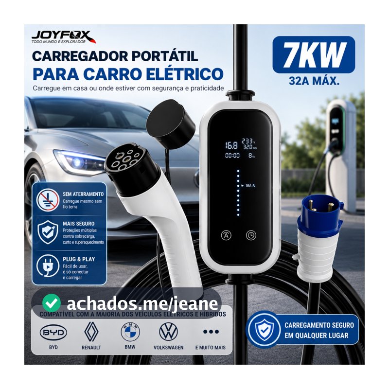 Carregador Portátil para Carro Elétrico 7KW  32A 110v/220v com Display Digital | Compatível com BYD e Outros EV