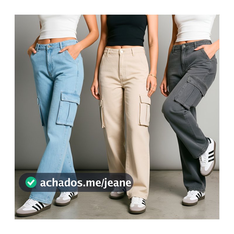 Kit 3 Calça Cargo Jeans Feminina Wide Leg Pantalona Cintura Alta 34 ao 44 + 5 Cores